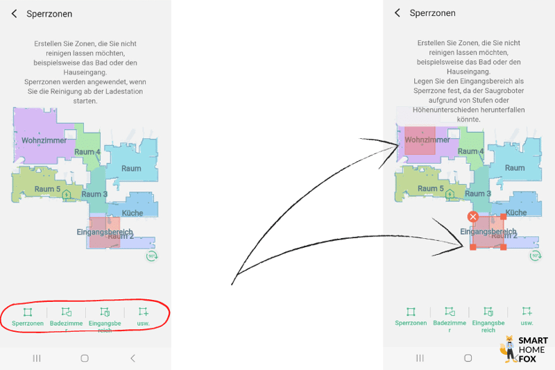 Sperrzonen werden in der SmartThings App des Samsung Jet Bot AI+ festgelegt.